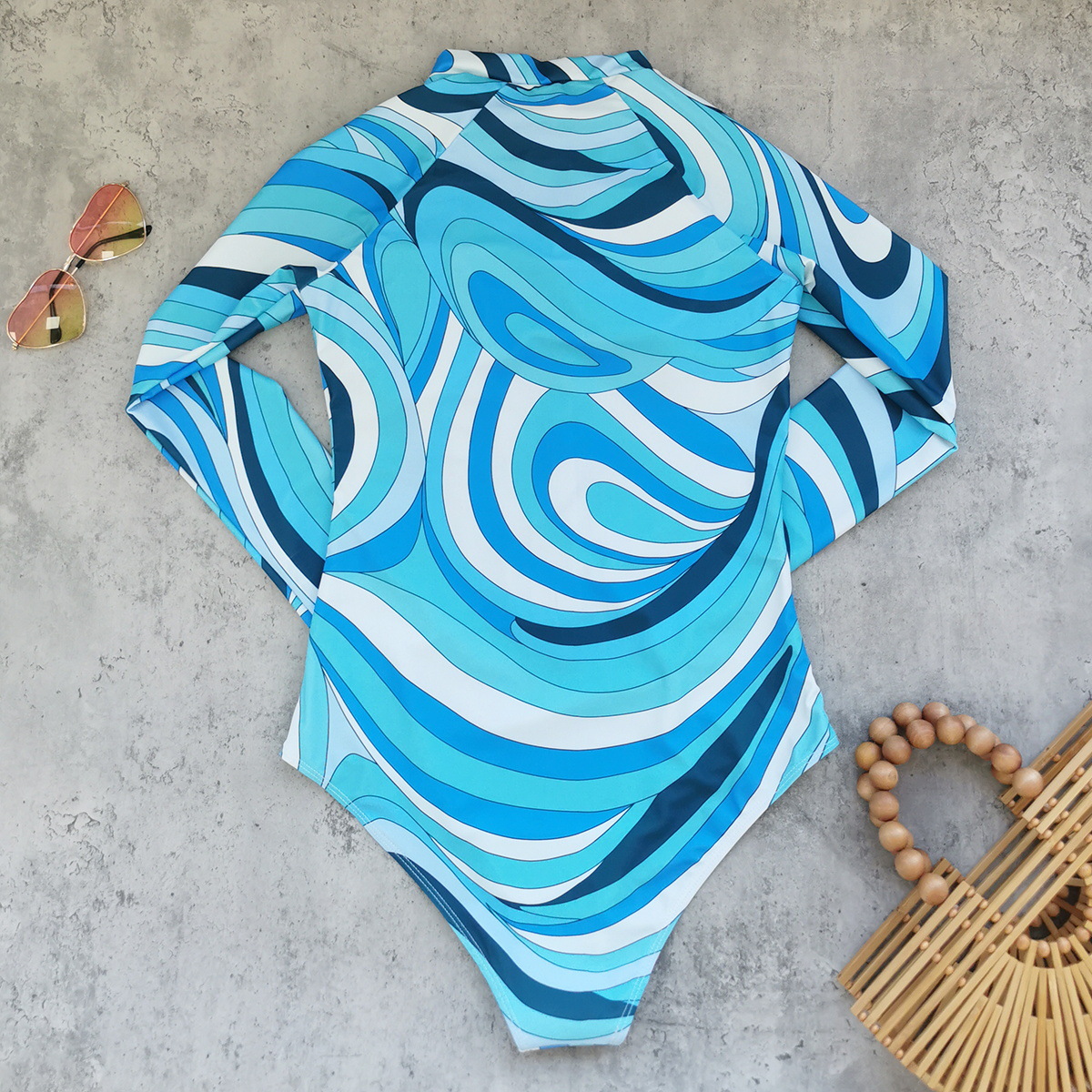 Long Sleeve High Neck Zip Front One Piece Swimsuit