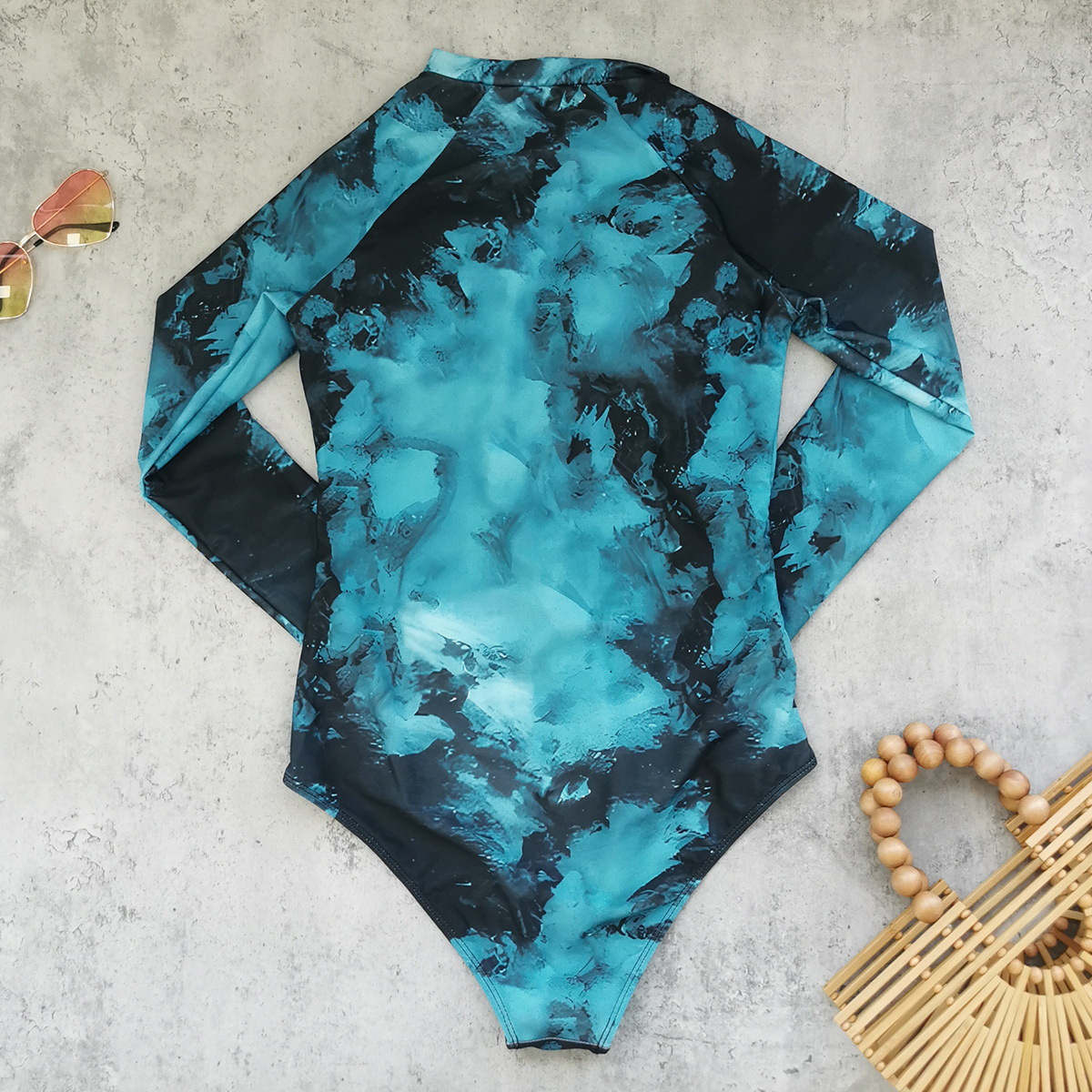 Long Sleeve High Neck Zip Front One Piece Swimsuit