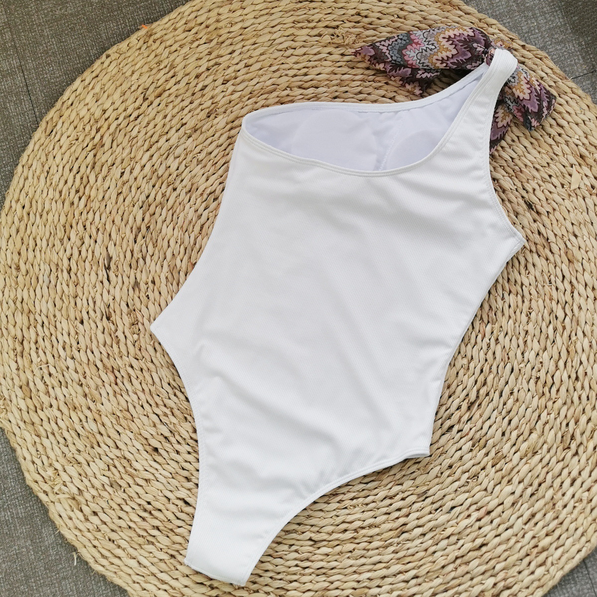 Ribbed One-Shoulder One-Piece Swimsuit with Knotted Tie Strap