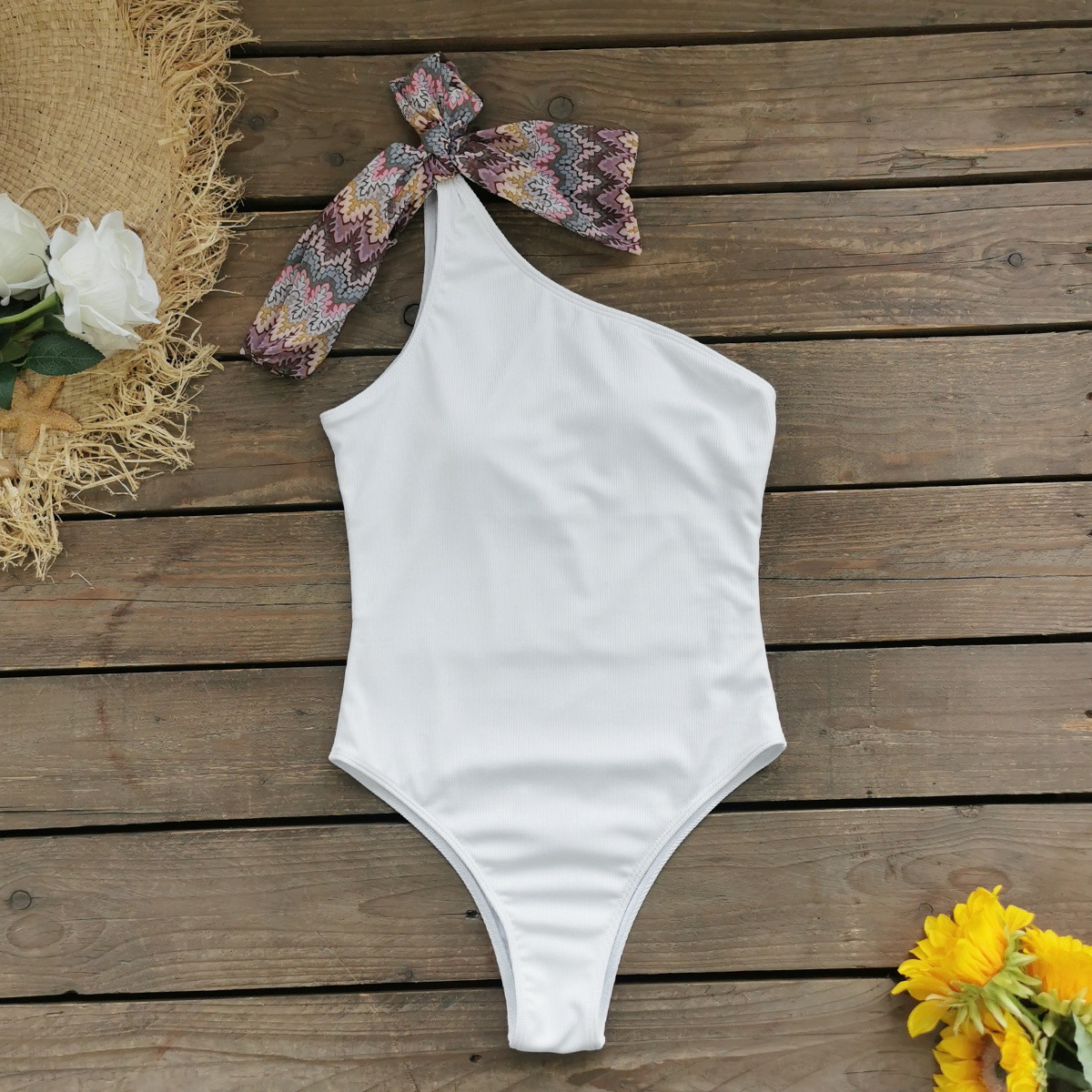 Ribbed One-Shoulder One-Piece Swimsuit with Knotted Tie Strap