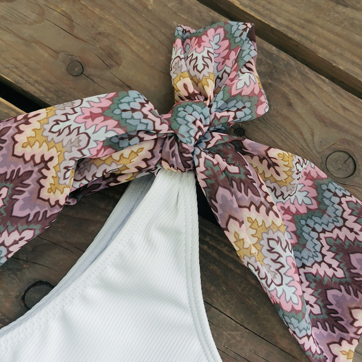 Ribbed One-Shoulder One-Piece Swimsuit with Knotted Tie Strap