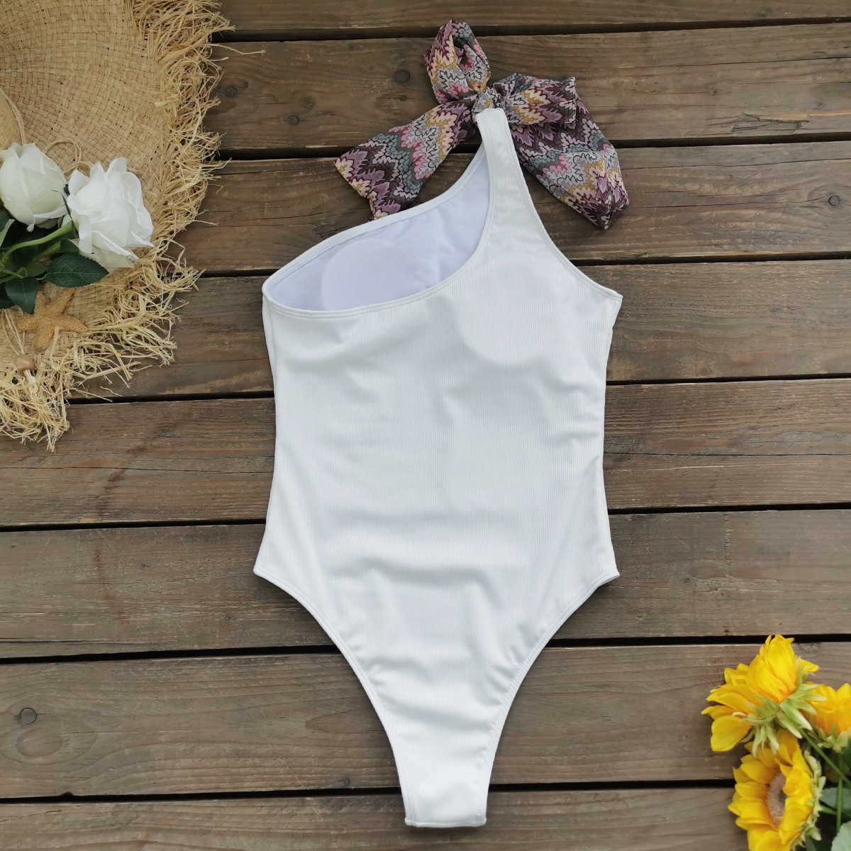 Ribbed One-Shoulder One-Piece Swimsuit with Knotted Tie Strap