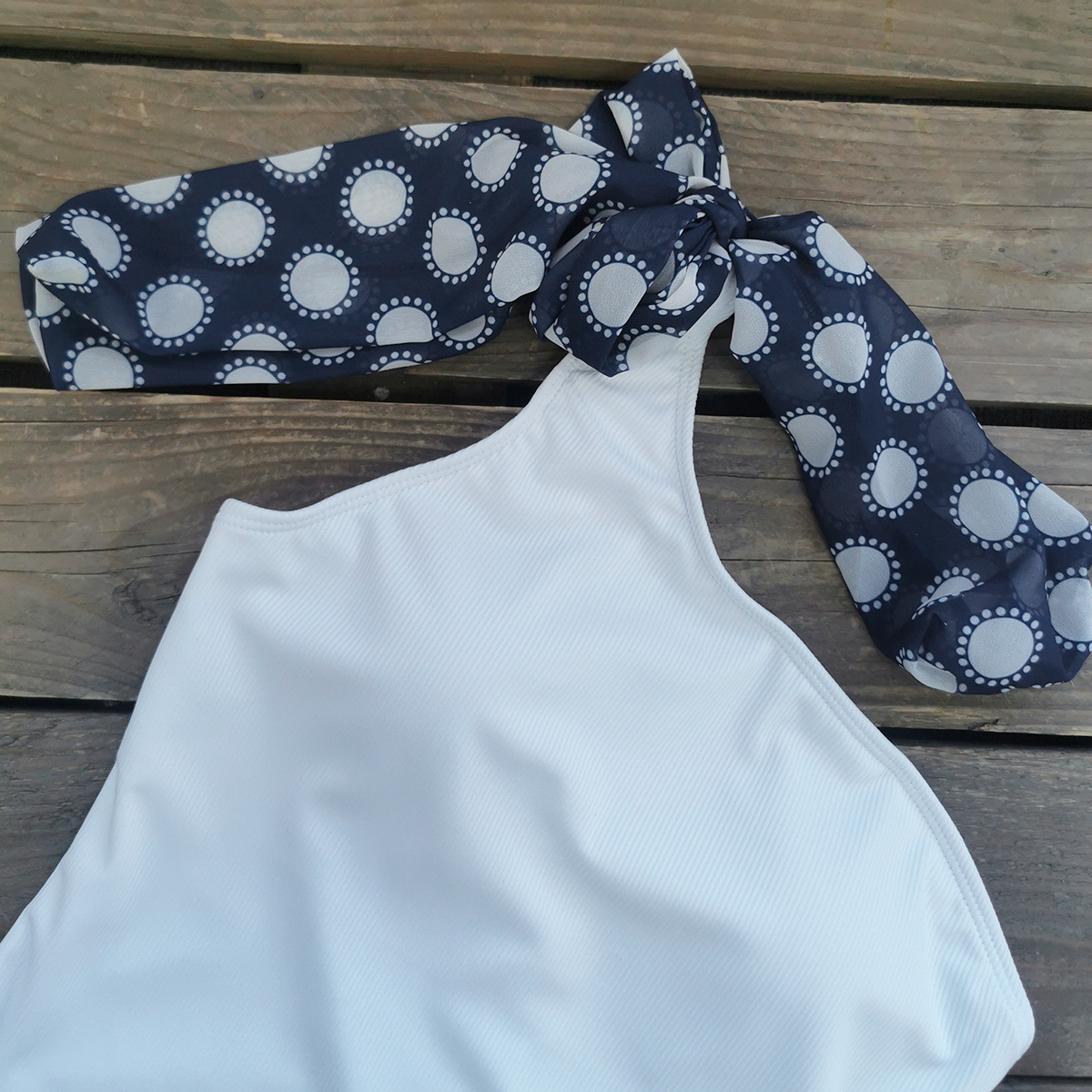 Ribbed One-Shoulder One-Piece Swimsuit with Knotted Tie Strap