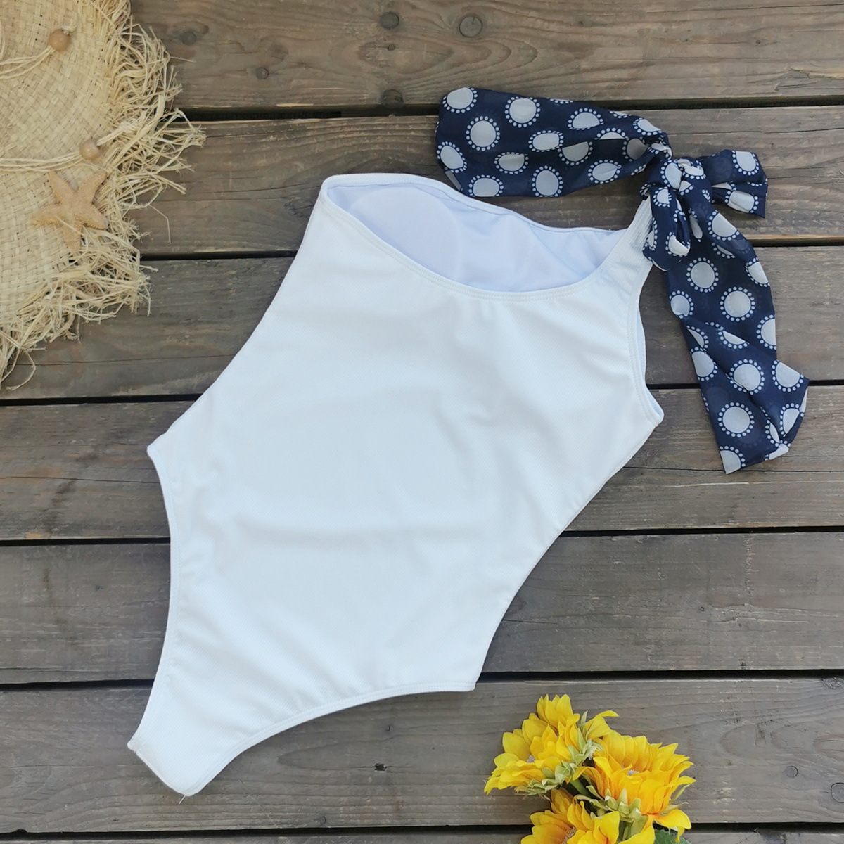 Ribbed One-Shoulder One-Piece Swimsuit with Knotted Tie Strap