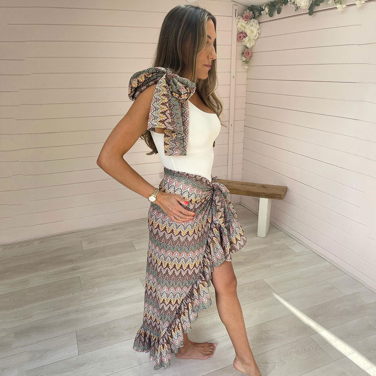 One Size Wrap Beach Skirt with Ruffled Asymmetric Hem