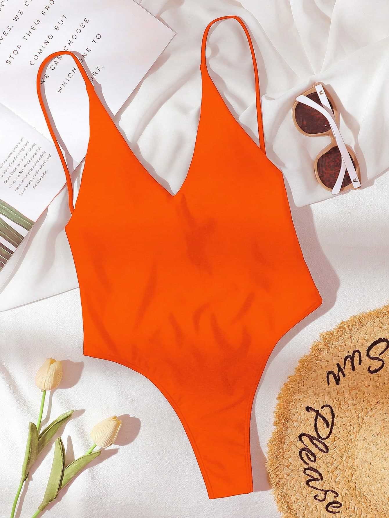 Women's V-Neck Backless One-Piece Swimsuit with Adjustable Straps view 35