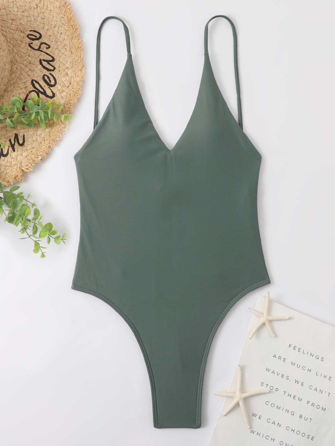 Women's V-Neck Backless One-Piece Swimsuit with Adjustable Straps view 59