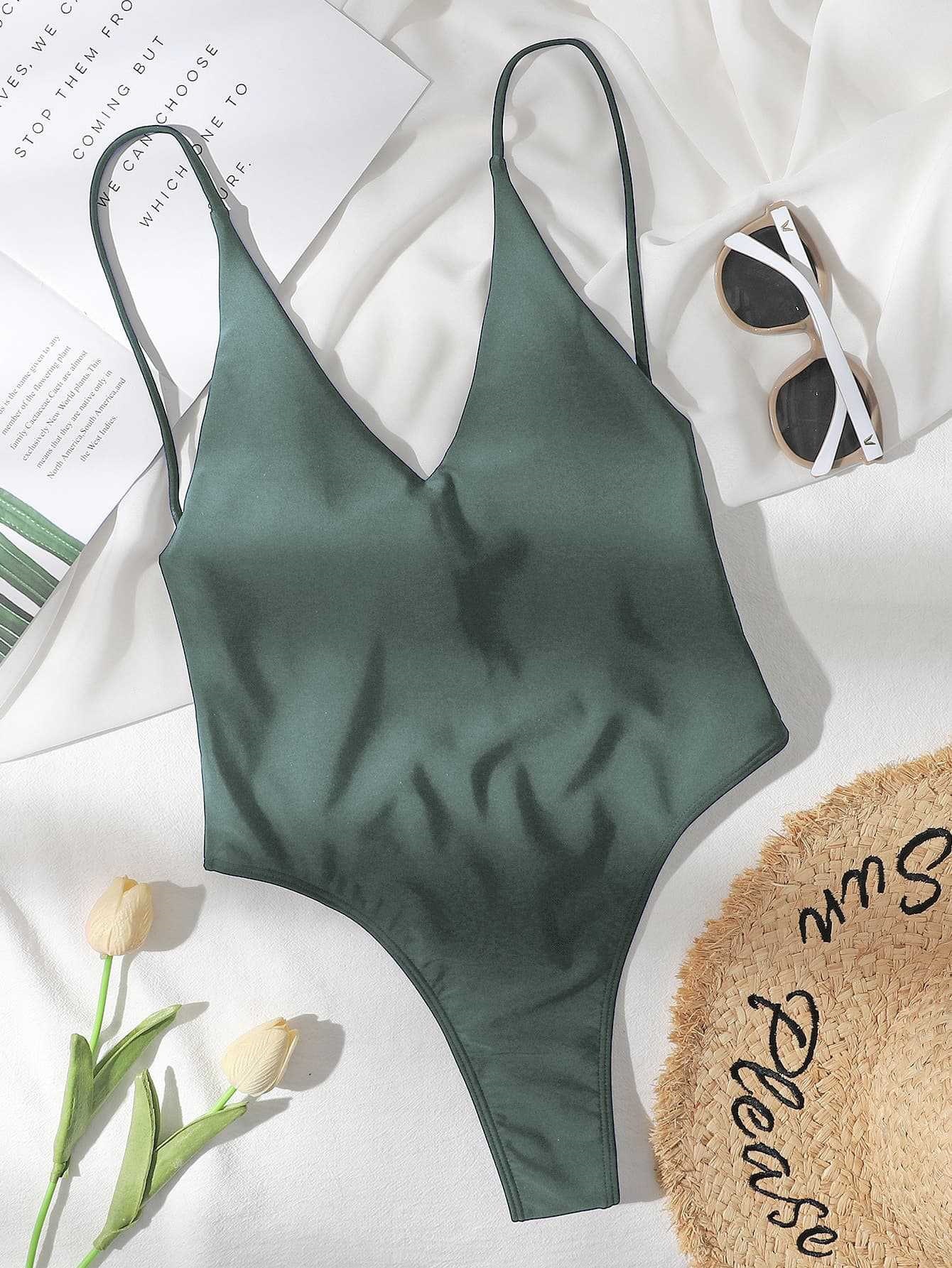 Women's V-Neck Backless One-Piece Swimsuit with Adjustable Straps view 61