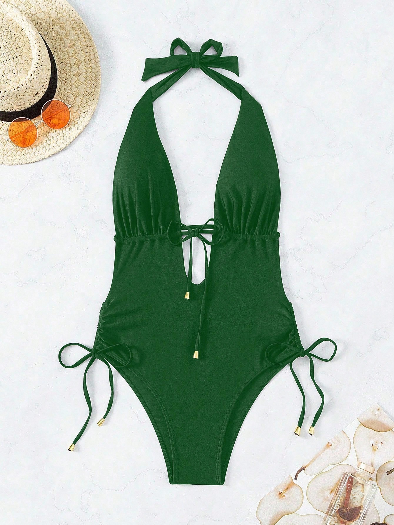 Halter Neck Deep V One Piece Swimsuit with Side Ties view 10