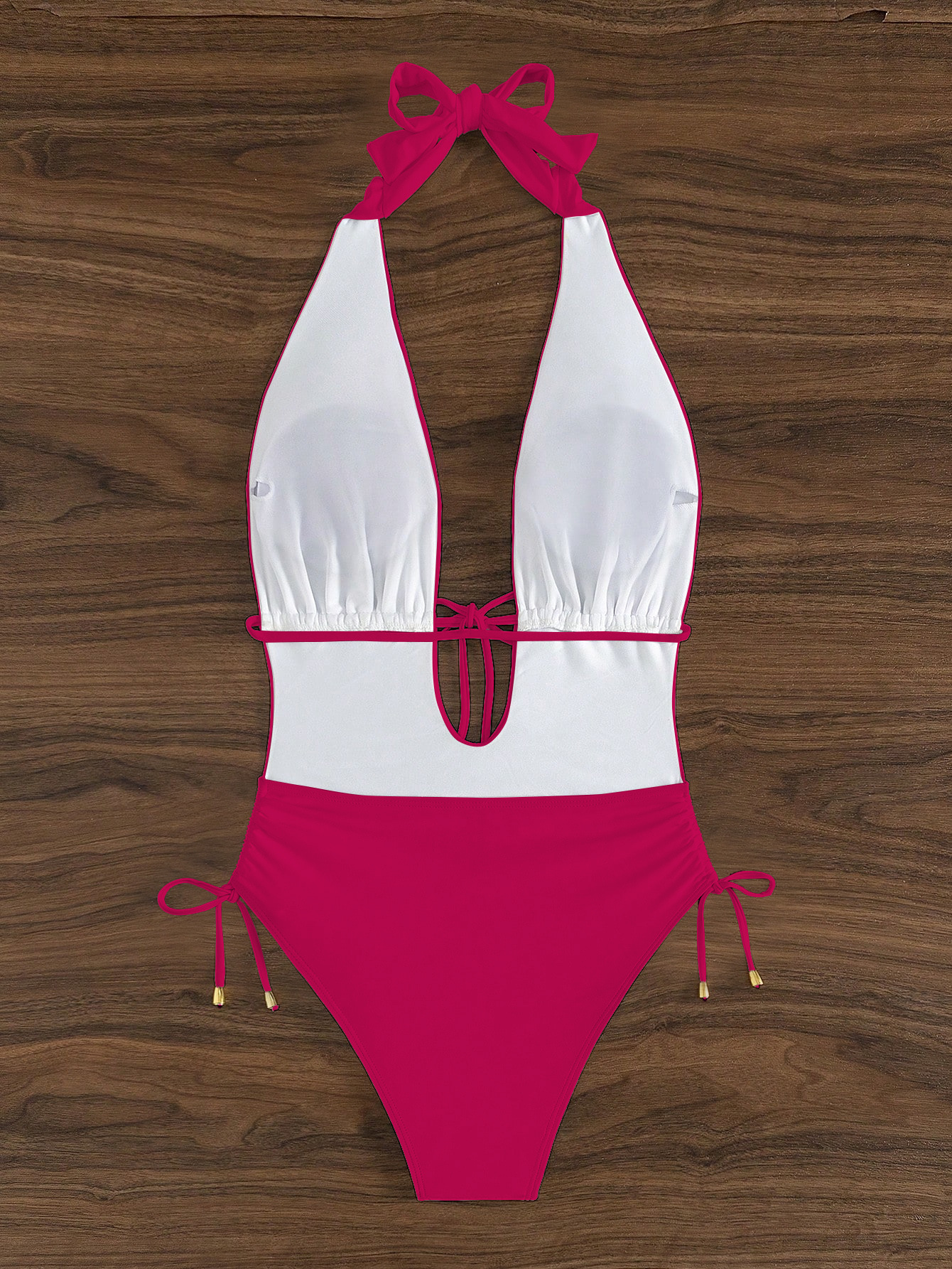Halter Neck Deep V One Piece Swimsuit with Side Ties view 12