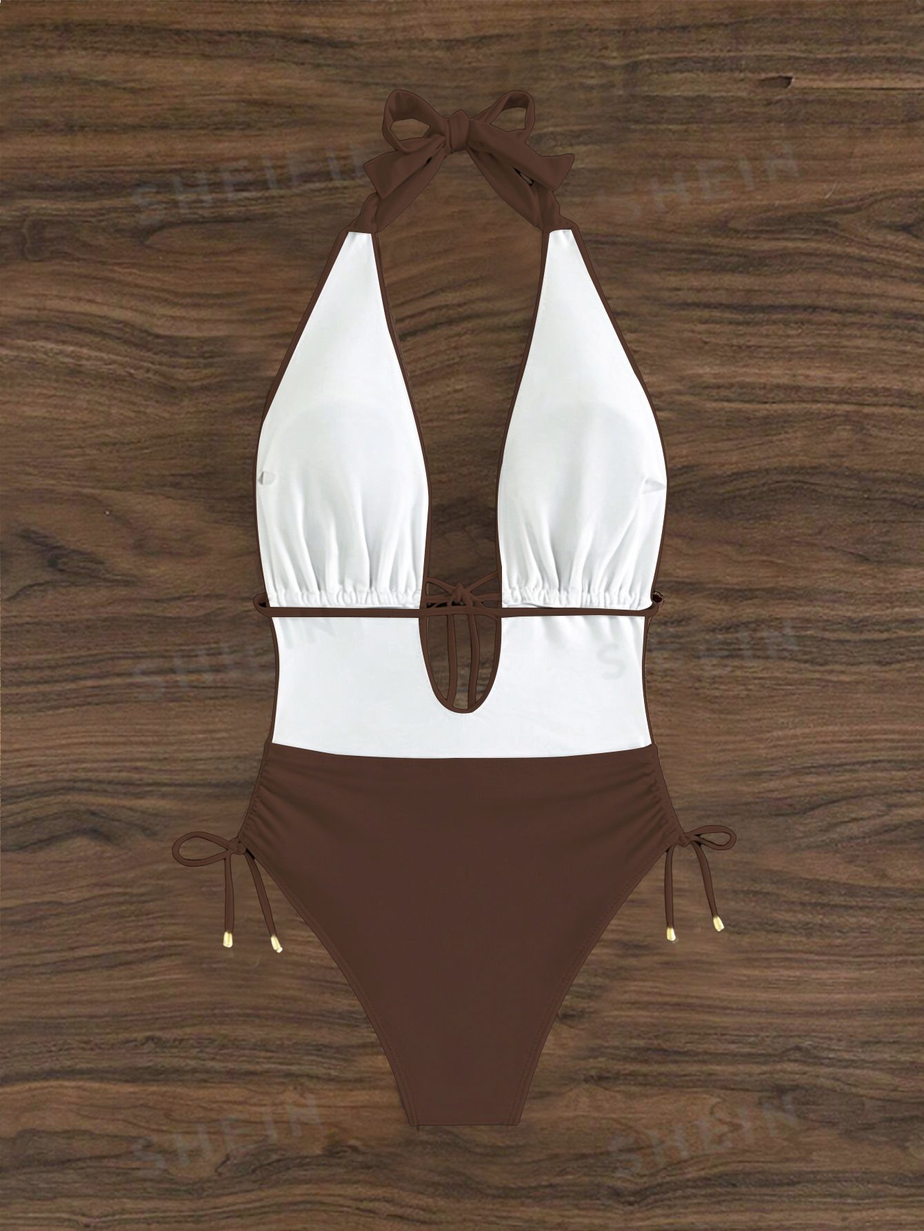 Halter Neck Deep V One Piece Swimsuit with Side Ties view 16