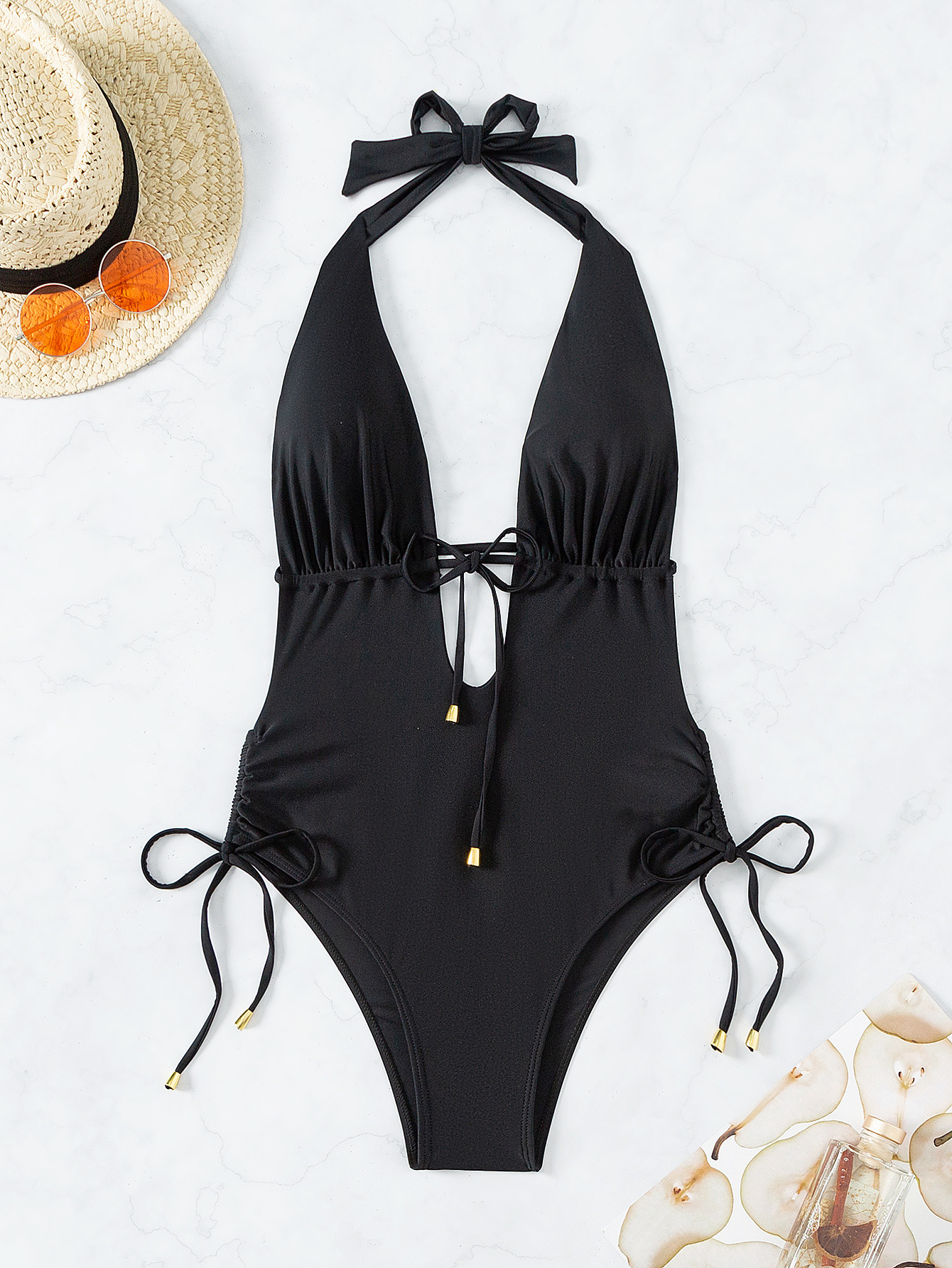 Halter Neck Deep V One Piece Swimsuit with Side Ties view 7