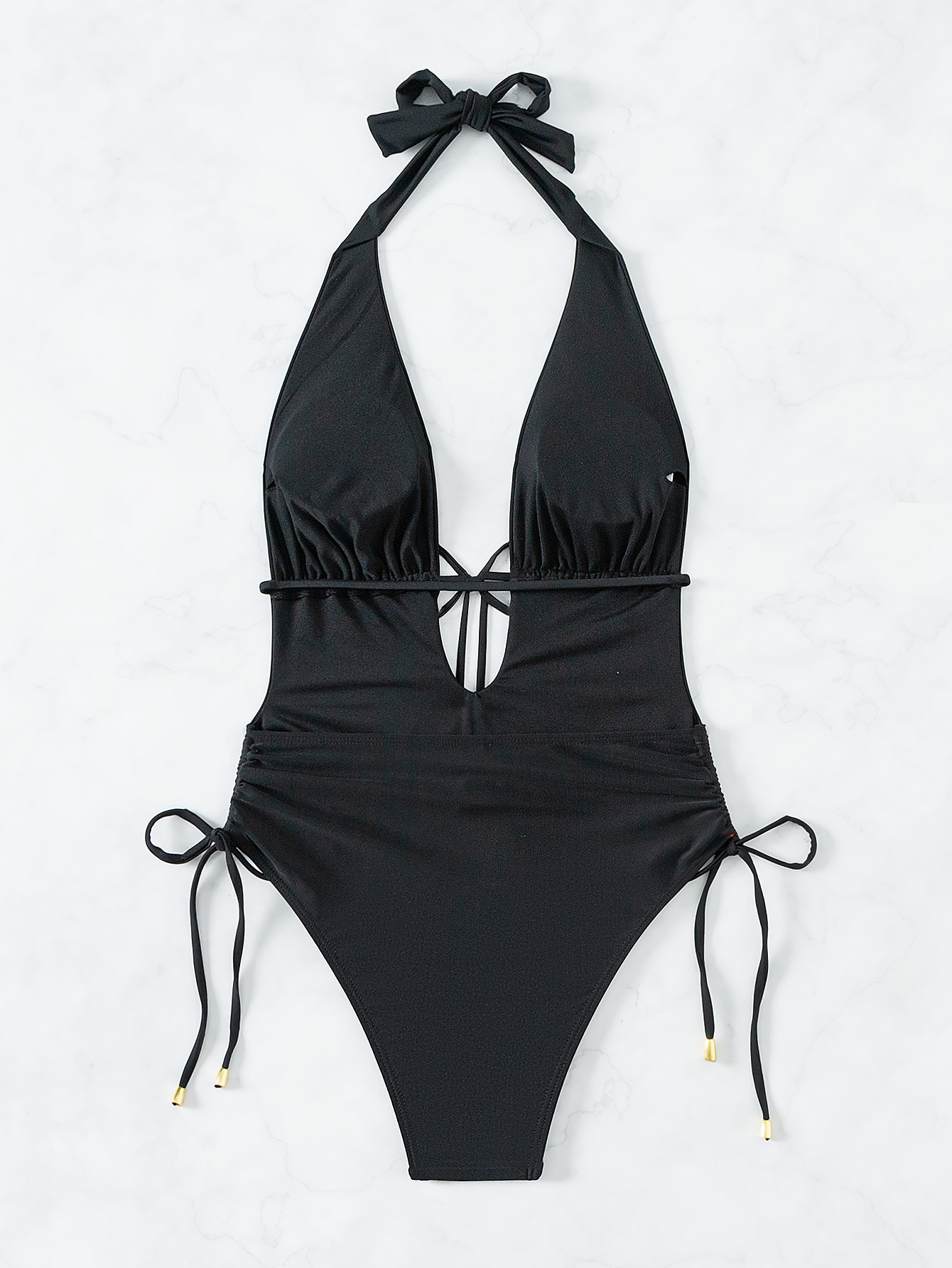 Halter Neck Deep V One Piece Swimsuit with Side Ties view 8