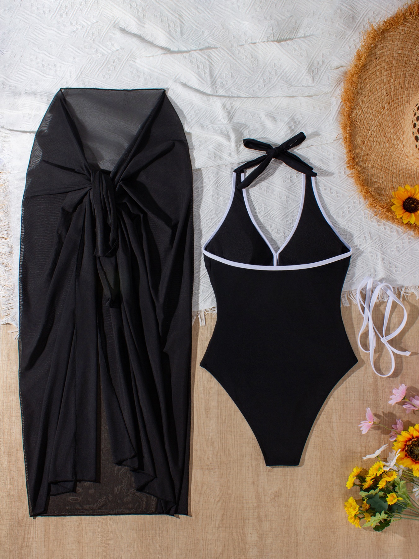 Halter Neck One-Piece Swimsuit with Cover-Up Skirt view 3