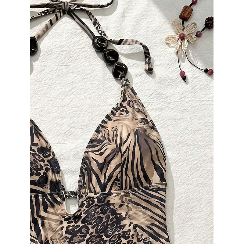 Halter Neck Plunge One Piece Swimsuit with Beaded Straps view 3