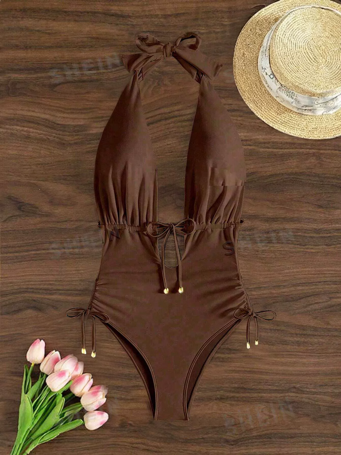 Halter Neck Plunge One Piece Swimsuit with Tie Details