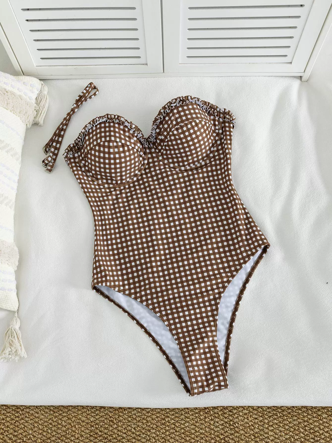Ruffled Underwired Strapless One-Piece Swimsuit with Detachable Straps in Coffee Checkered