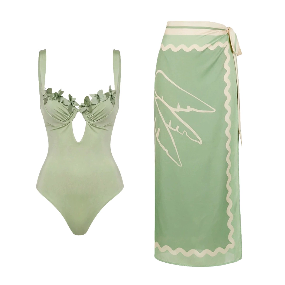 One-Piece Swimsuit and Wrap Sarong Skirt Set