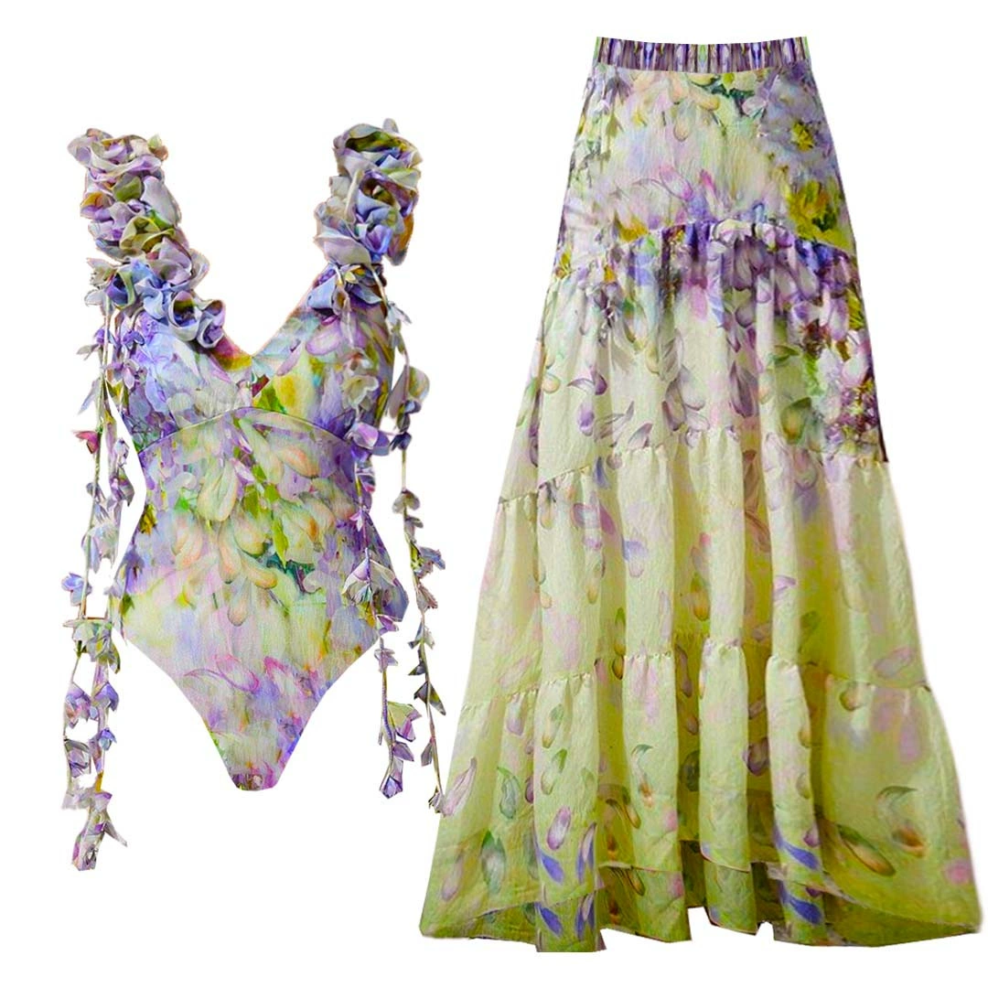 Ruffled Strap One-Piece Swimsuit with Tiered Maxi Skirt Set
