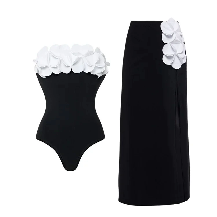 Three-Dimensional Appliqué Bandeau One-Piece Swimsuit and Cover-Up Set