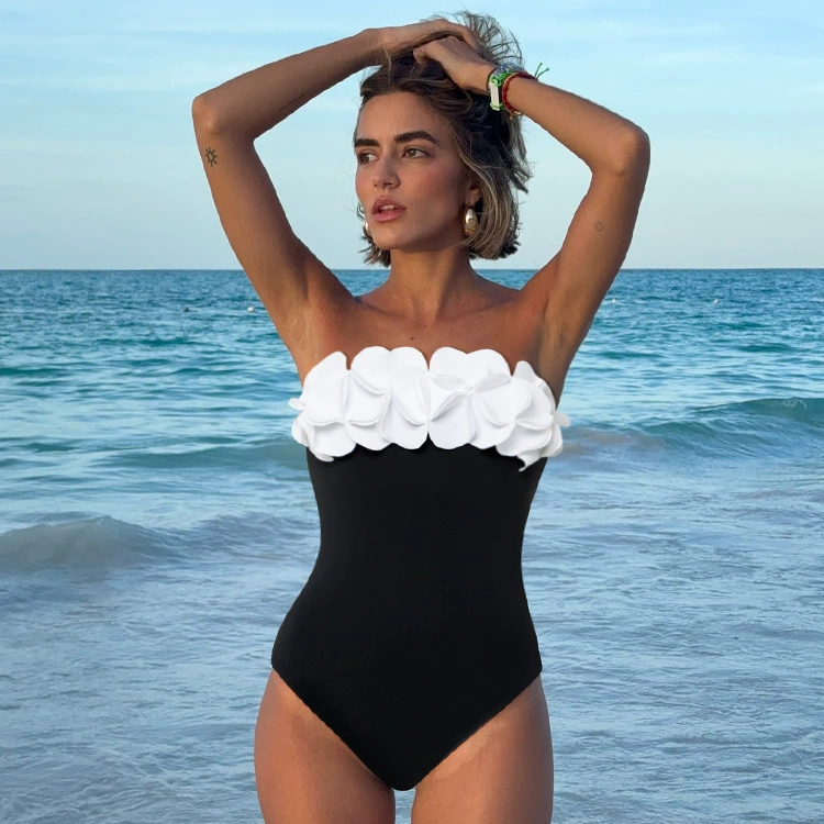 Three-Dimensional Appliqué Bandeau One-Piece Swimsuit and Cover-Up Set view 3