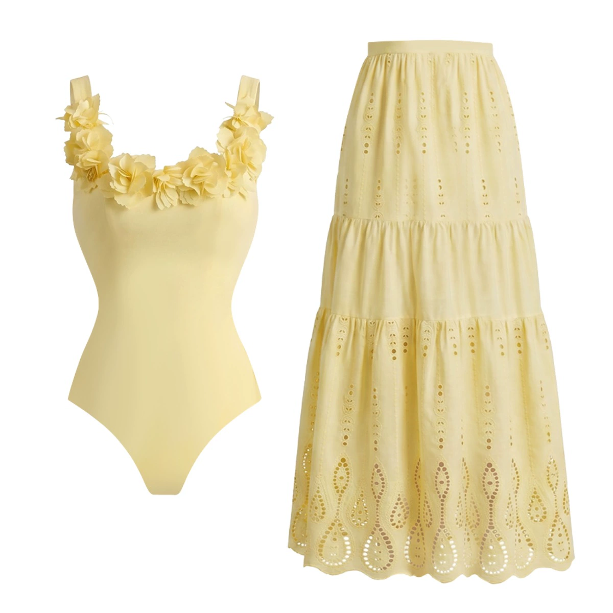 Petal-Appliqué One-Piece Swimsuit and Tiered Skirt Set