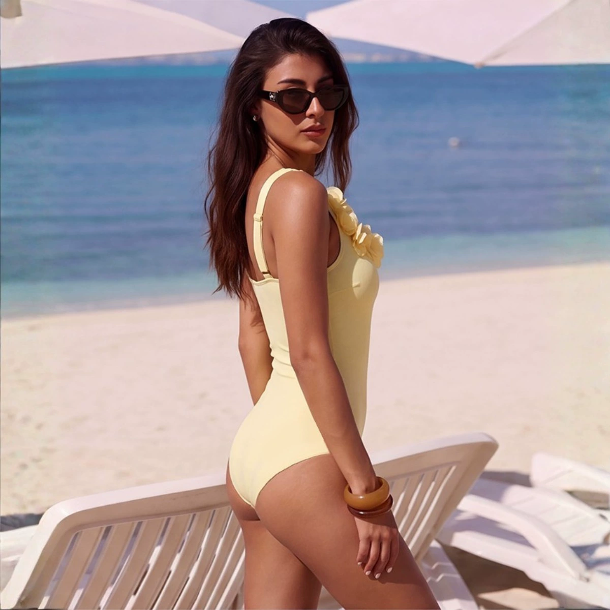Pale Yellow One-Piece Swimsuit with 3D Floral Applique Neckline