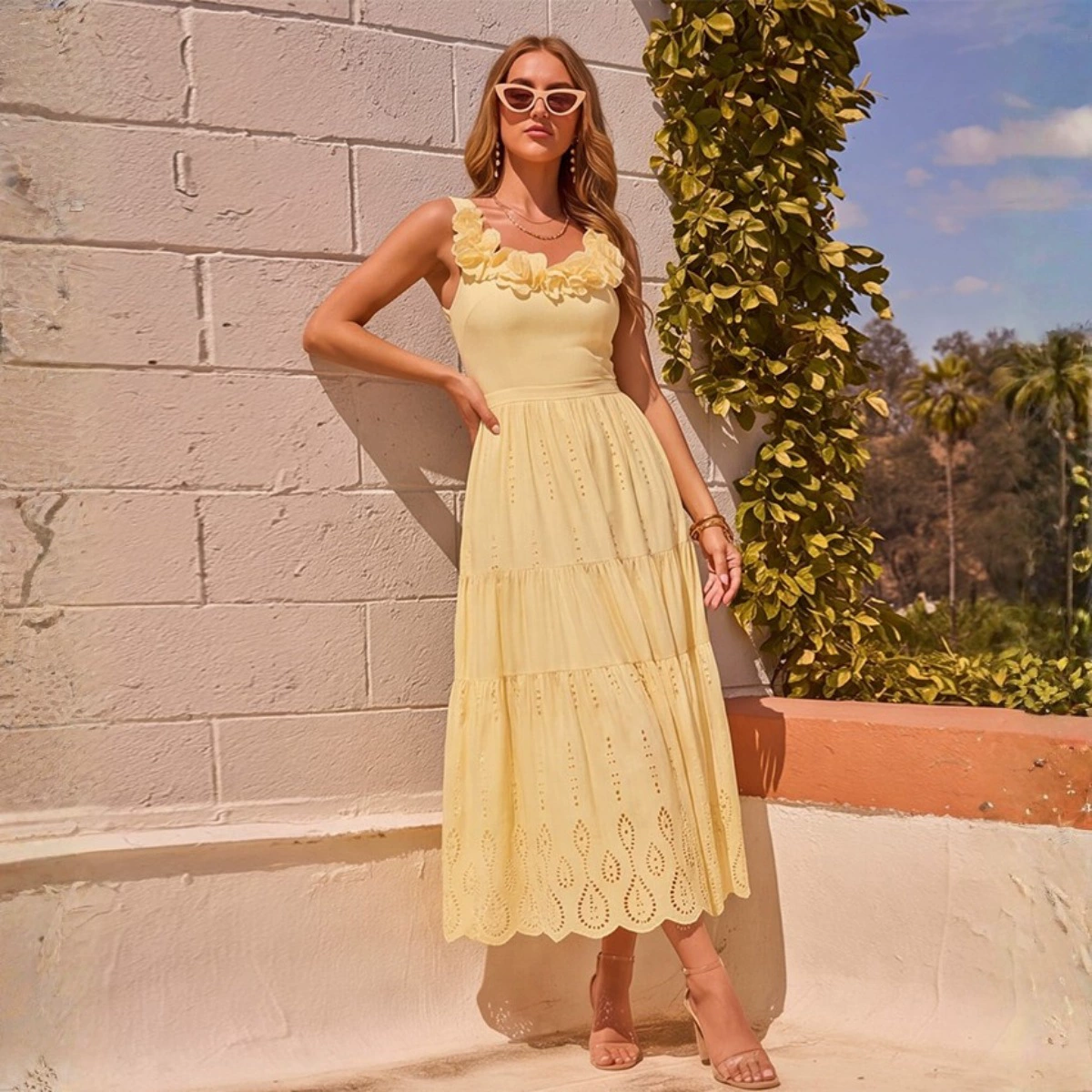 Creamy Yellow Tiered Eyelet Embroidered Maxi Skirt