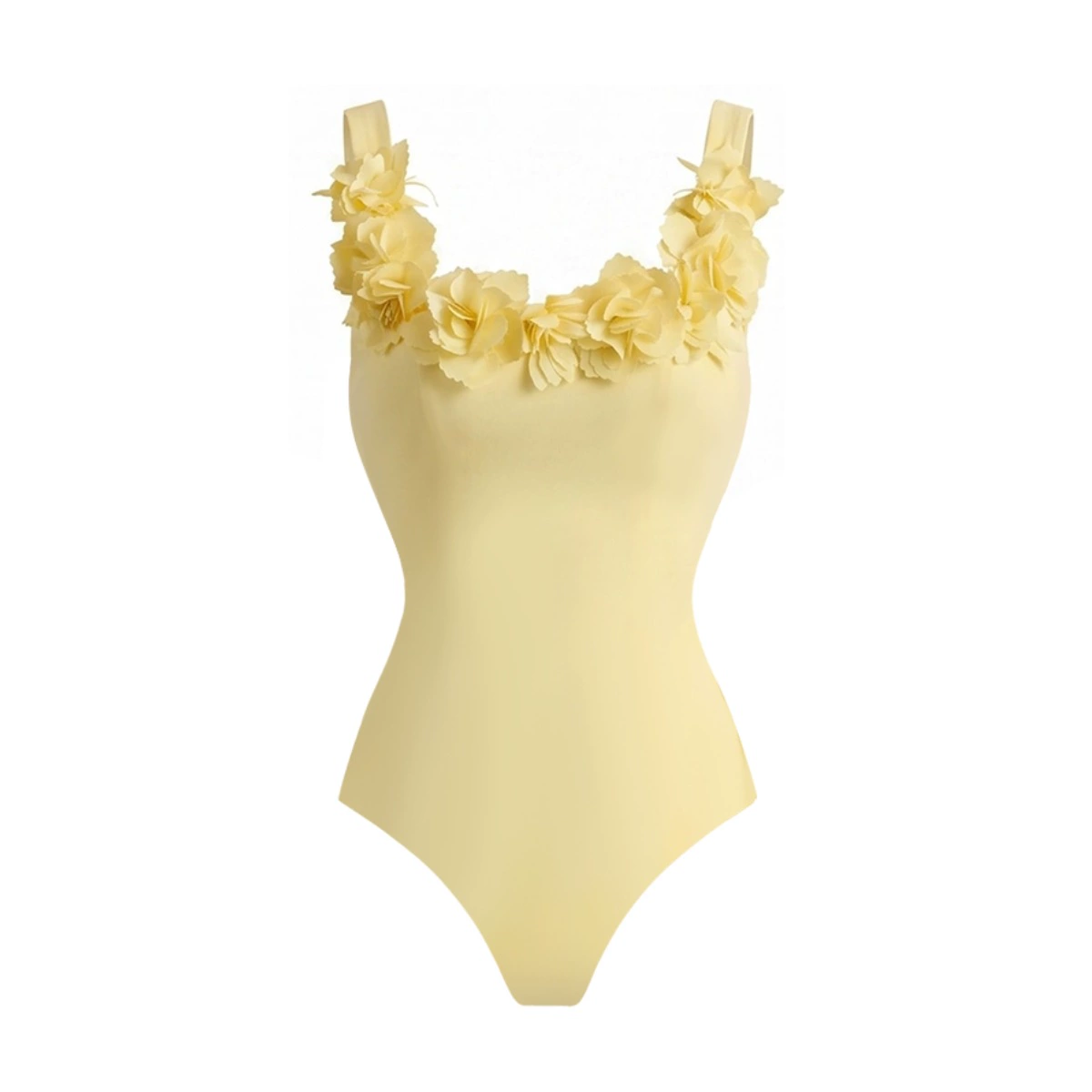 Pale Yellow One-Piece Swimsuit with 3D Floral Applique Neckline
