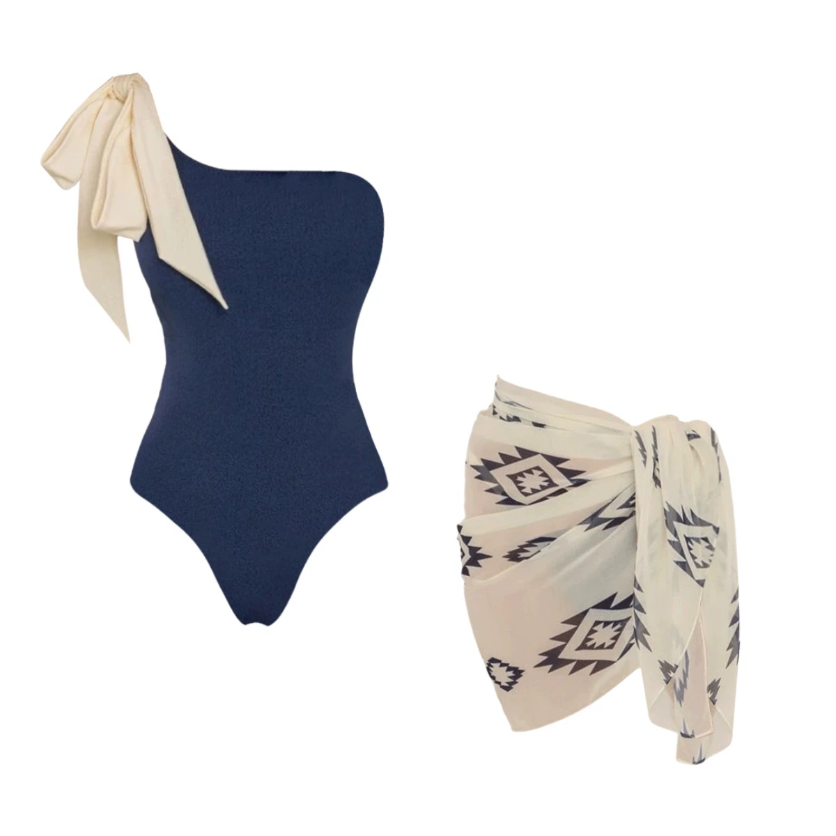 One-Shoulder Bow One-Piece Swimsuit with Pareo Wrap