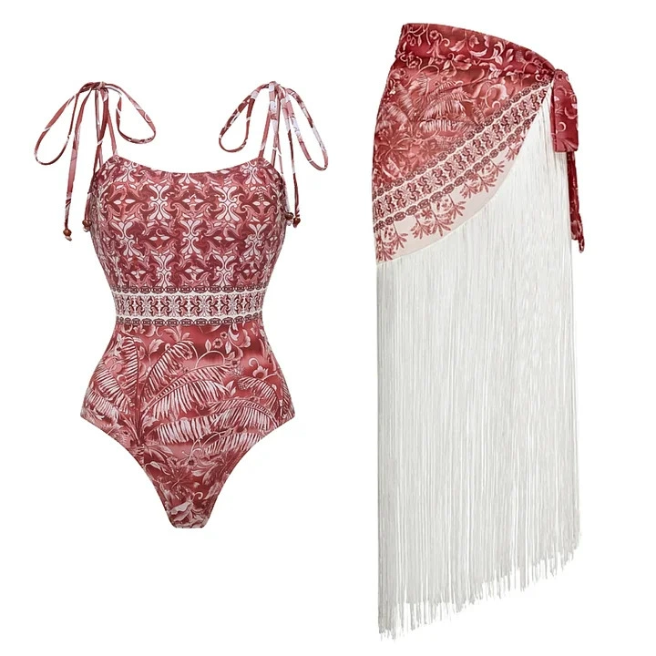 Tie-Shoulder One-Piece Swimsuit with Fringed Sarong Cover-Up