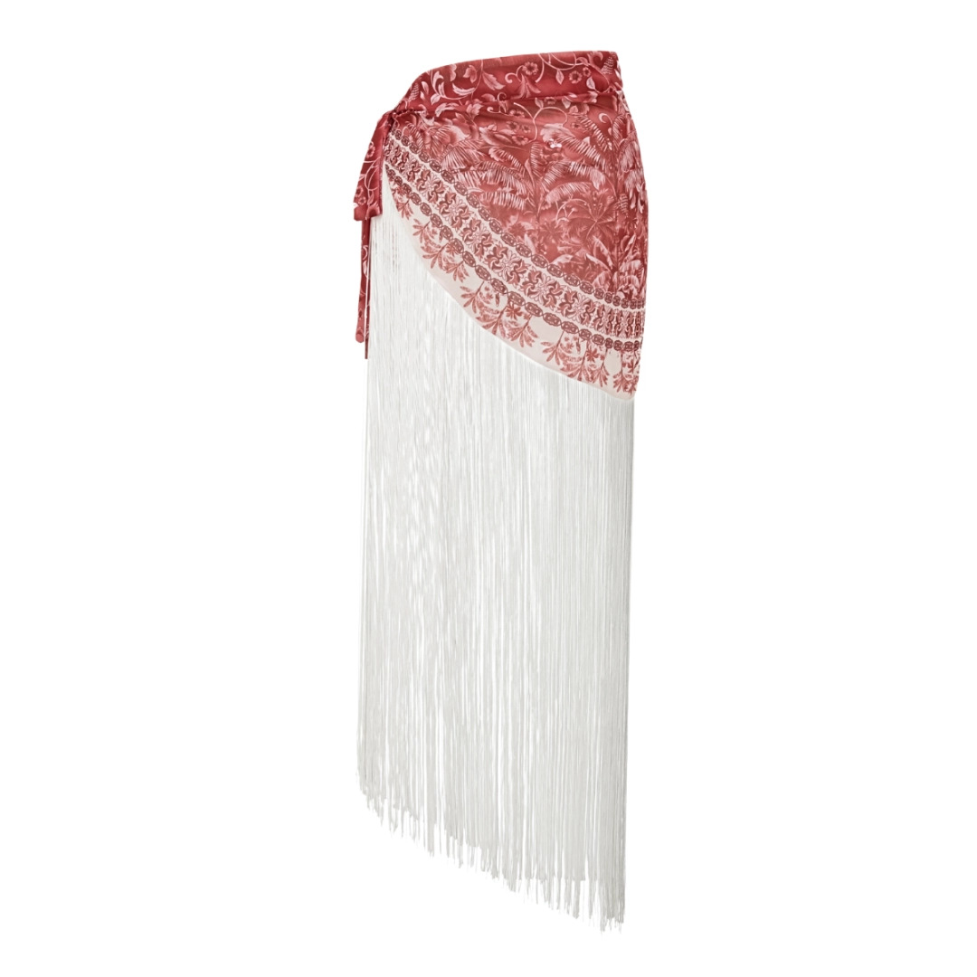 Tie-Strap One Piece Swimsuit with Fringe Wrap Skirt Set