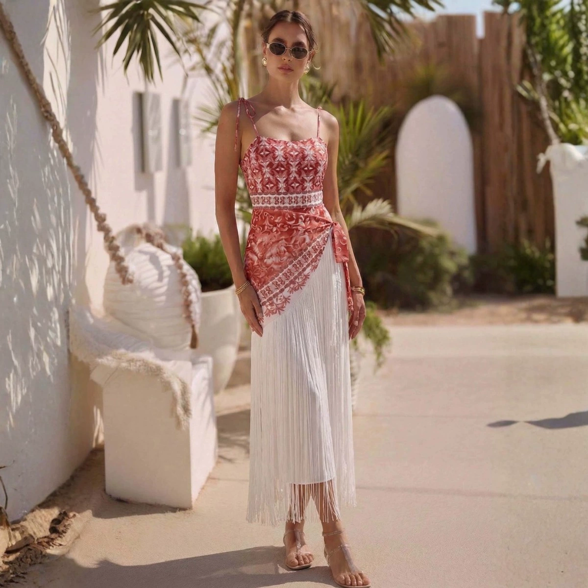 Tie-Shoulder One-Piece Swimsuit with Fringed Sarong Cover-Up