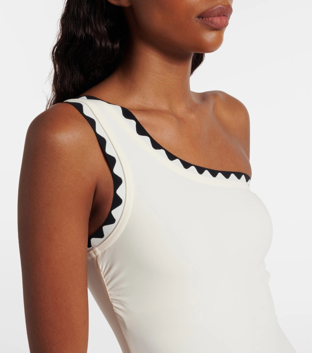 One Shoulder Scalloped Trim One Piece Swimsuit with Skirt