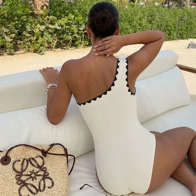 One-Shoulder One-Piece Swimsuit and Skirt Set view 3