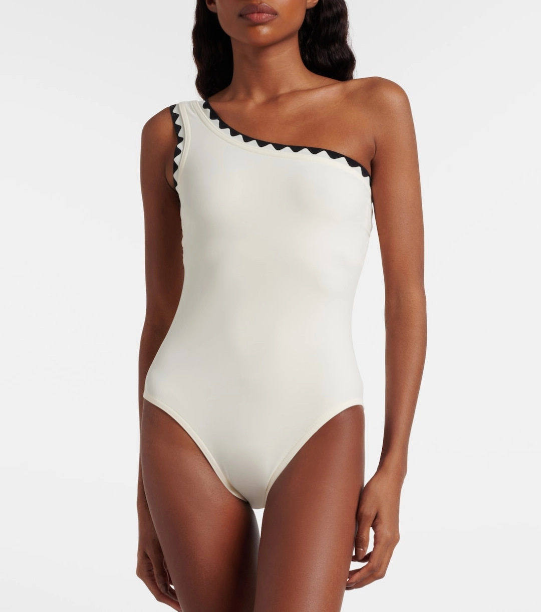 One Shoulder Scalloped Trim One Piece Swimsuit with Skirt