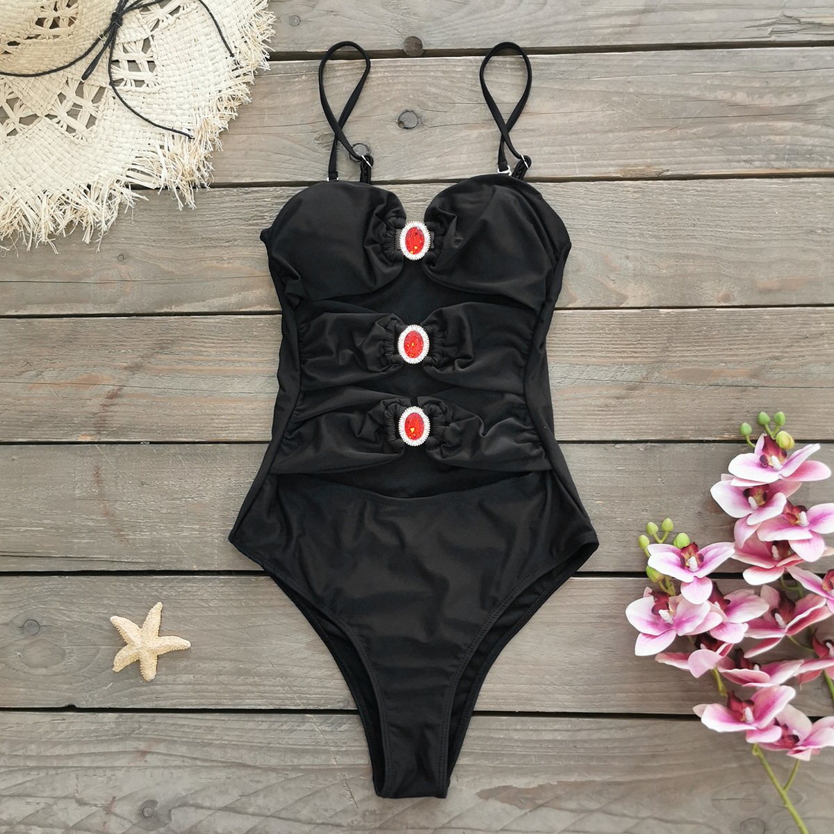 Cutout One-Piece Swimsuit with Embellished Clasps