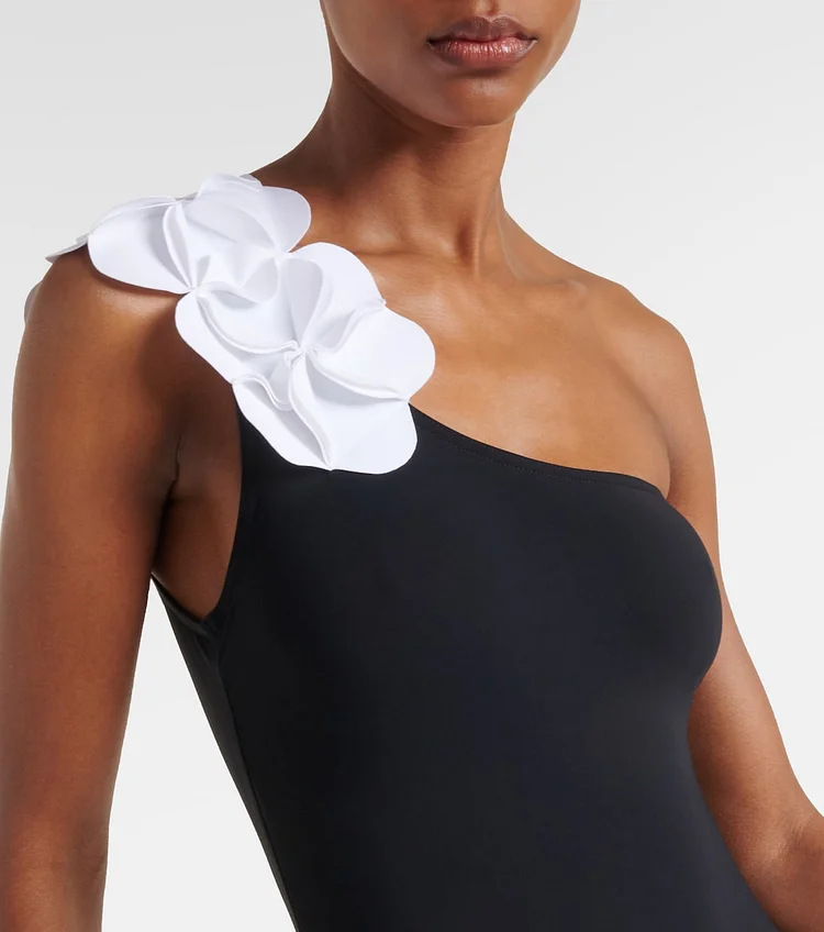 One Shoulder One Piece Swimsuit with Applique Detail