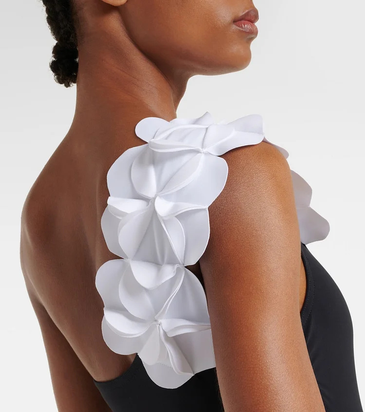 One Shoulder One Piece Swimsuit with Applique Detail