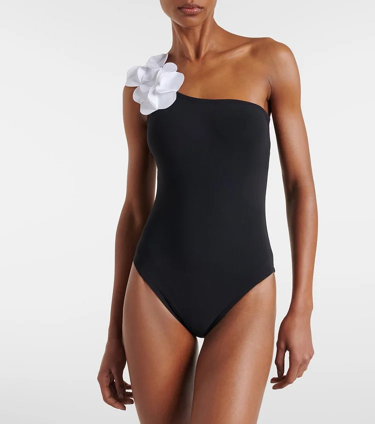 One Shoulder One Piece Swimsuit with Applique Detail
