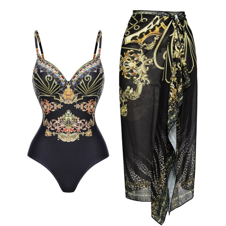 Spaghetti Strap One Piece Swimsuit with Optional Wrap or Umbrella Skirt Set