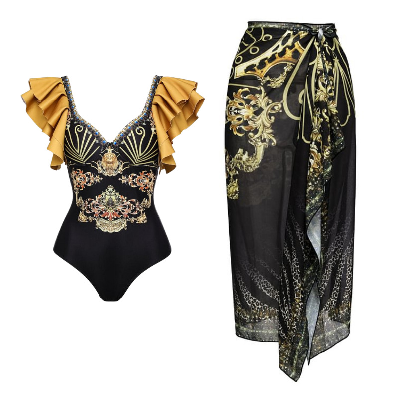 Black Gold Yellow Wrap Skirt Set