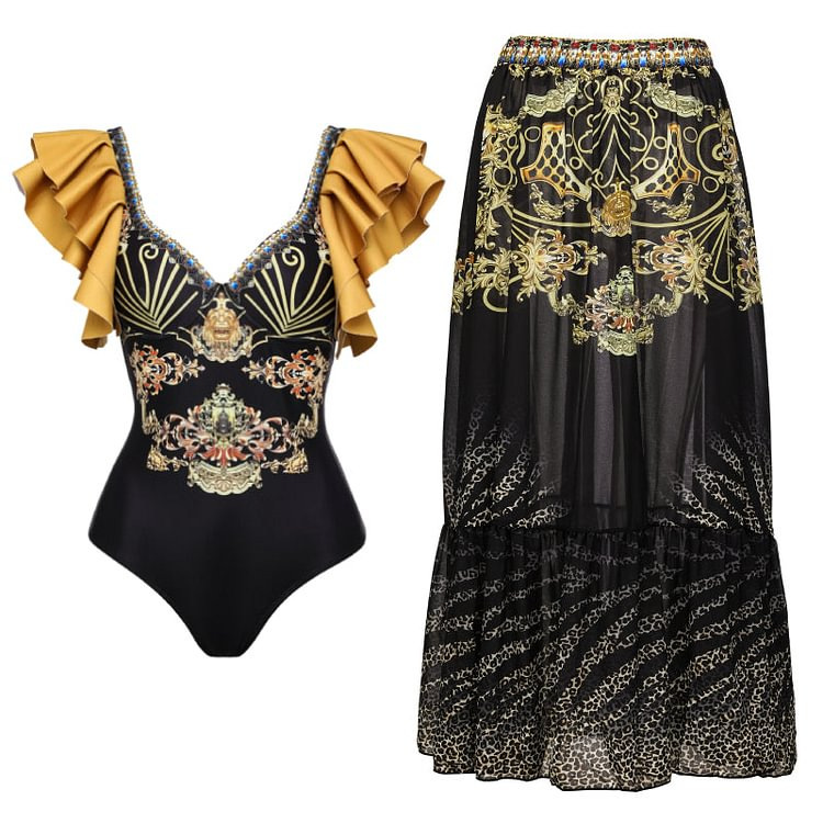 Black Gold Yellow Tiered Skirt Set