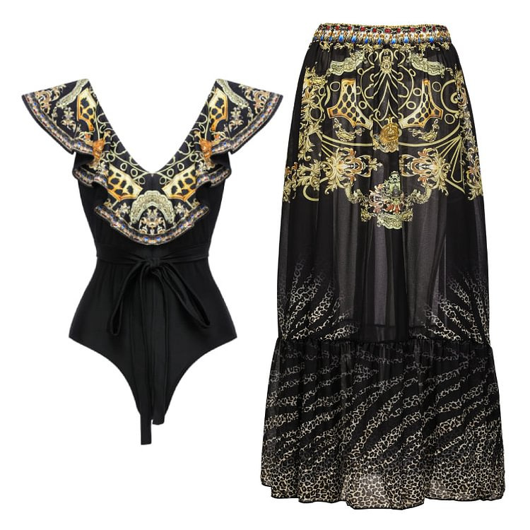 Ruffled One-Piece Swimsuit and Skirt Set