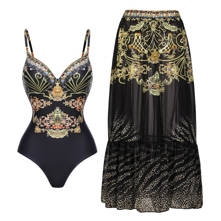 One-Piece Swimsuit and Wrap Skirt Set