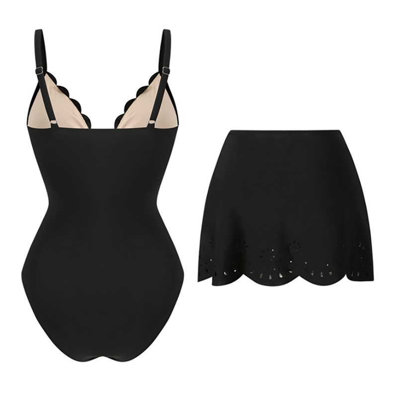 Black Scalloped Laser-Cut One-Piece Swimsuit with Matching Swim Skirt