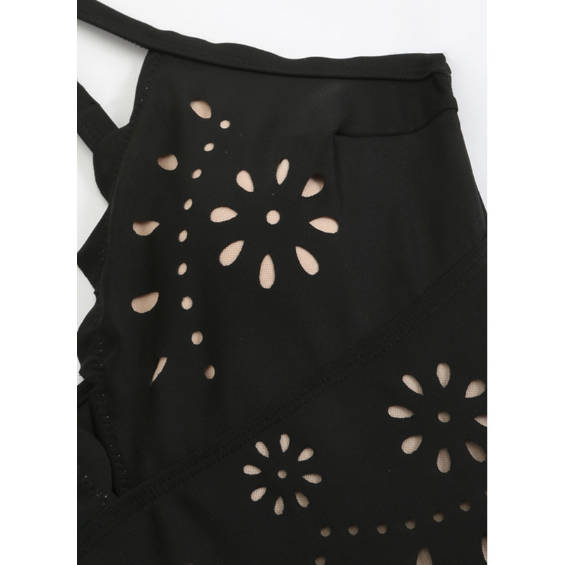 Black Scalloped Laser-Cut One-Piece Swimsuit with Matching Swim Skirt view 3