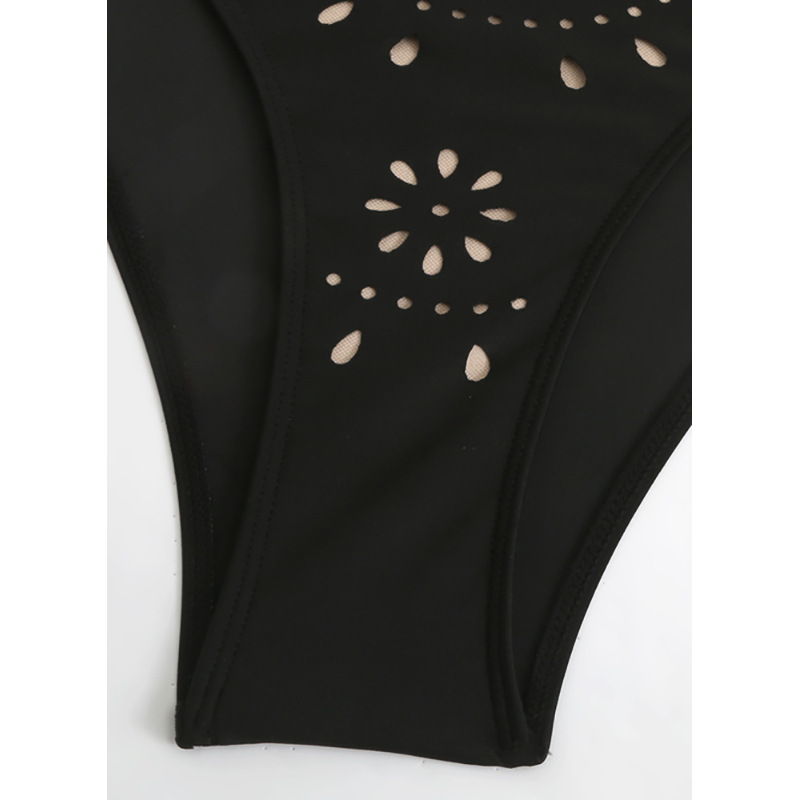 Black Scalloped Laser-Cut One-Piece Swimsuit with Matching Swim Skirt view 4