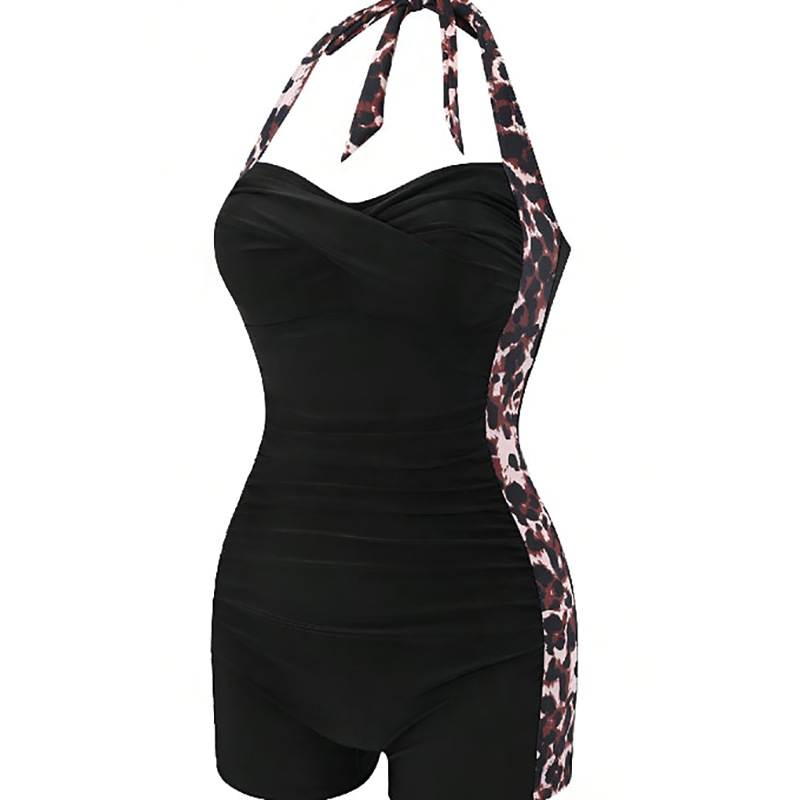 Halter Neck Ruched One-Piece Swimdress with Boyleg Shorts
