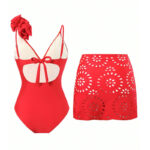 Orange-Red Eyelet Cutout One-Piece Swimsuit with Floral Shoulder and Wrap Skirt view 2